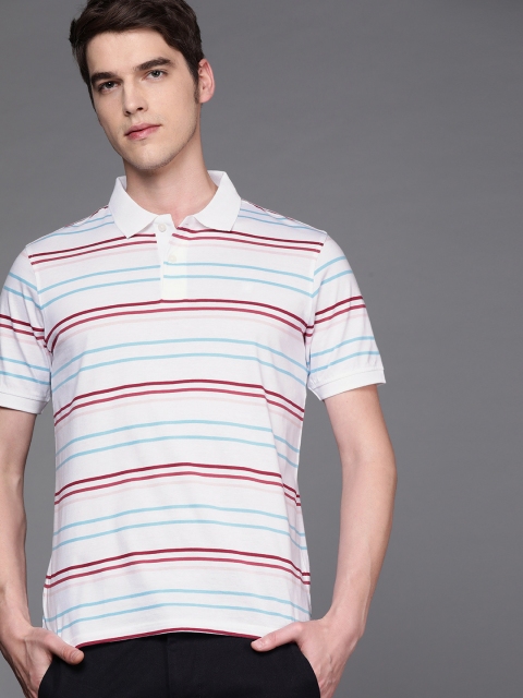 

Louis Philippe Men White Blue Striped Polo Collar Pure Cotton T-shirt