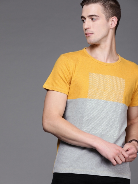 

Louis Philippe Jeans Men Mustard Yellow and Grey Colourblocked Slim Fit Round Neck Pure Cotton T-shirt