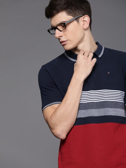 

Louis Philippe Sport Men Navy Blue White Slim Fit Striped Polo Collar Pure Cotton T-shirt