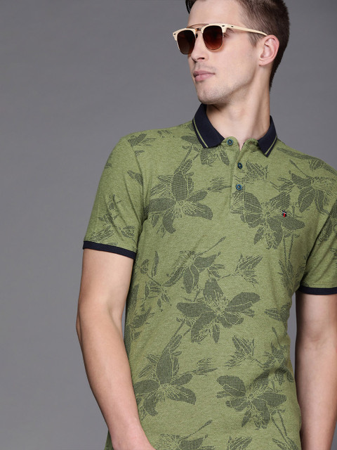 

Louis Philippe Jeans Men Olive Green & Navy Blue Printed Slim Fit Polo Collar Pure Cotton T-shirt