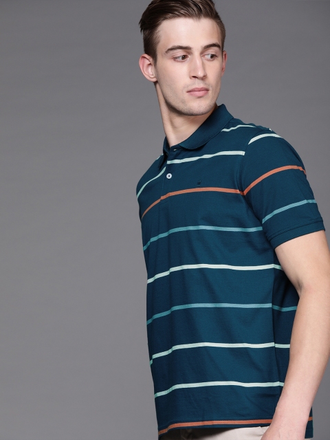 

Louis Philippe Men Blue & Off-White Striped Polo Collar T-shirt