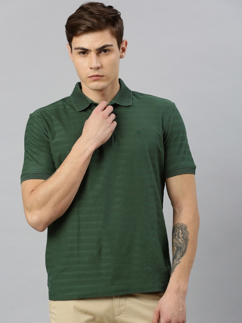 

Louis Philippe Men Green Self-Striped Polo Collar T-shirt