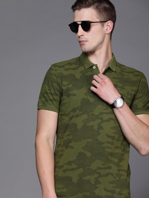 

Louis Philippe Jeans Men Olive Green & Black Printed Slim Fit Polo Collar T-shirt