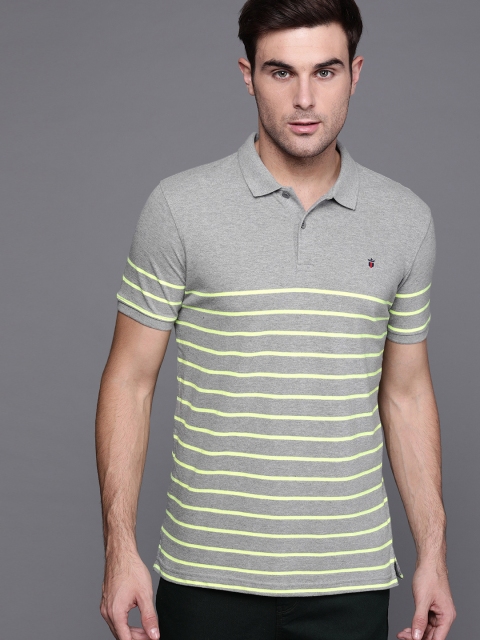 

Louis Philippe Sport Men Grey & Fluorescent Green Striped Polo Collar T-shirt