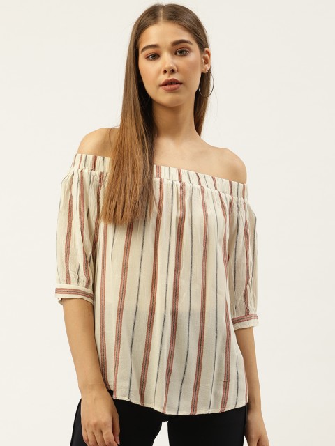 

An Episode Women Off-White & Peach-Coloured Striped Bardot Top