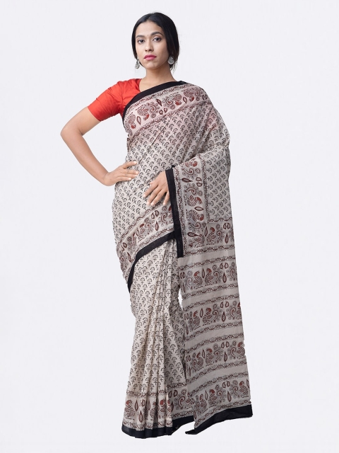 

Unnati Silks Cream-Coloured Pure Cotton Printed Bagru Sustainable Saree