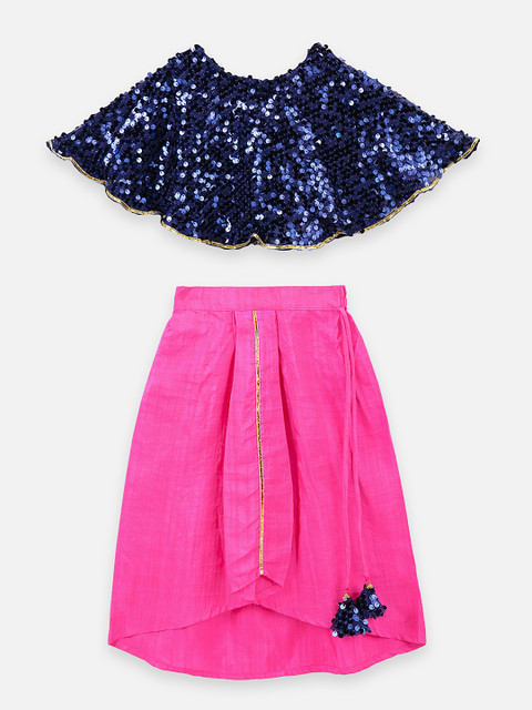 

LilPicks Girls Navy Blue & Pink Sequin Embellished Top with Skirt
