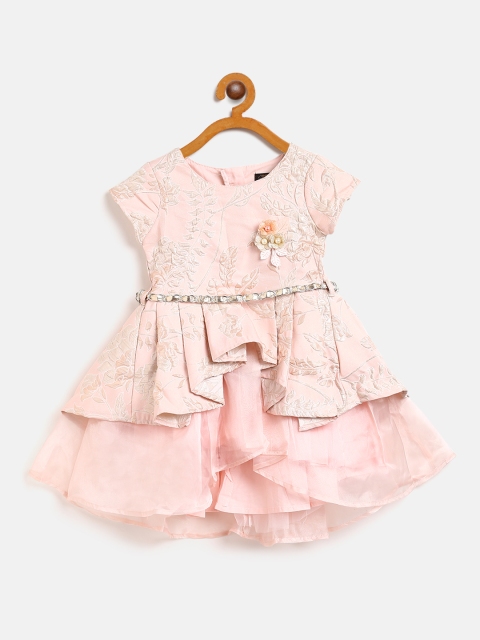 

Gini and Jony Girls Pink & Golden Floral Net Fit and Flare Dress with Belt & Brooch