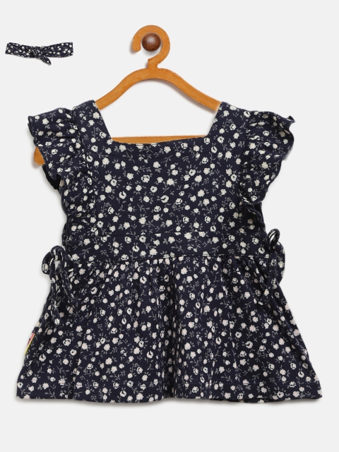 

Gini and Jony Girls Navy Blue & Off-White Printed A-Line Dress With Briefs & Hairband