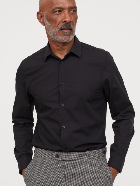 

H&M Men Black Premium Cotton Solid Poplin Shirt