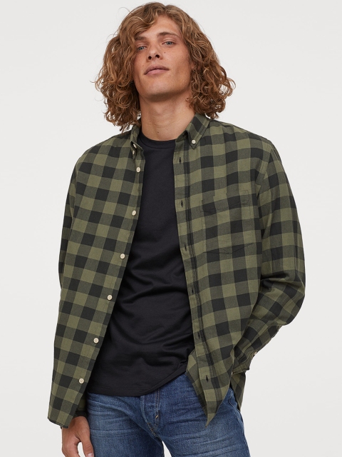 

H&M Men Green Checked Cotton Shirt Regular Fit