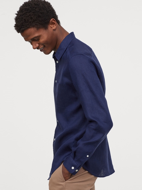 

H&M Men Blue Solid Linen Shirt