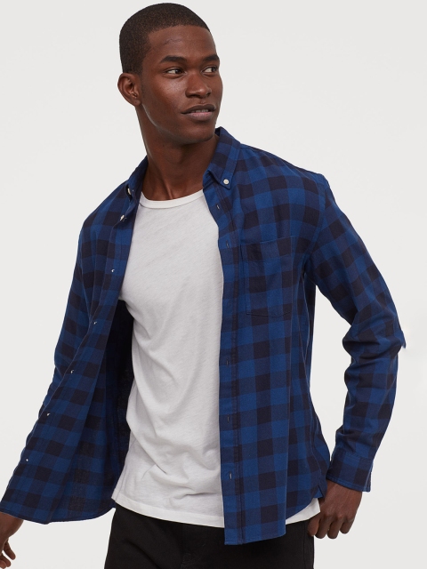 

H&M Men Blue Checked Cotton Shirt Regular Fit