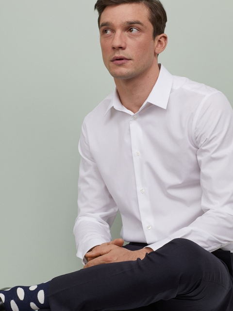 

H&M Men White Solid Premium Cotton Poplin Shirt