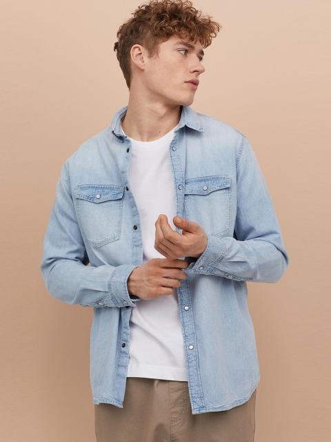 

H&M Men Blue Solid Denim Shirt