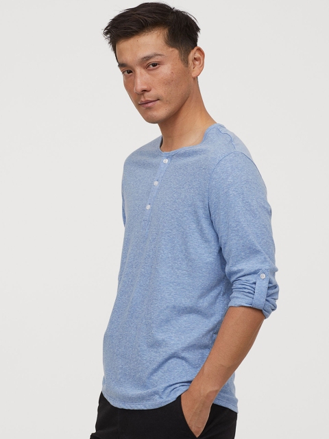 

H&M Men Blue Solid Cotton Jersey Henley Shirt