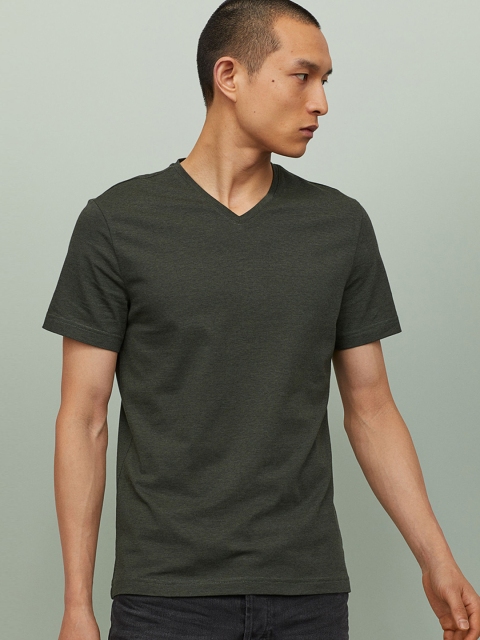 

H&M Men Olive Green V-neck T-Shirt Slim Fit