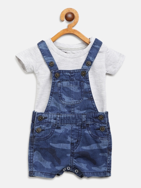 Boys Grey Melange & Blue Solid T-shirt with Dungarees