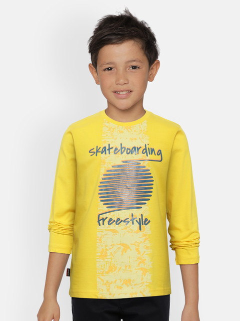 

Gini and Jony Boys Yellow Navy Blue Printed Round Neck Pure Cotton T-shirt