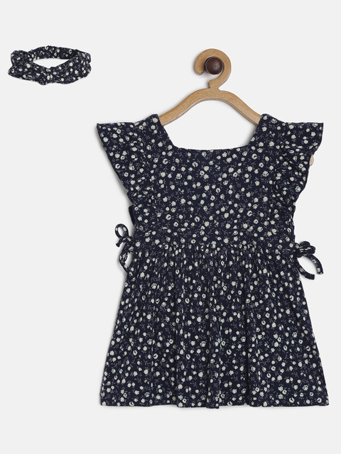 

Gini and Jony Girls Navy Blue Floral Printed Fit and Flare Dress with Hair Band