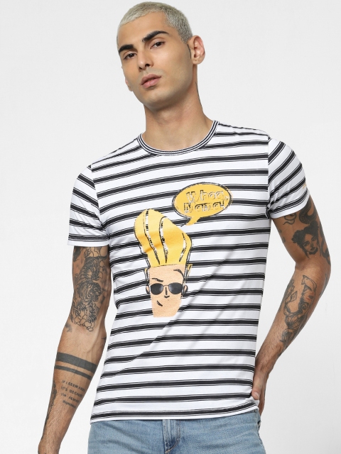 

Jack & Jones Johnny Bravo Men White & Black Striped Slim Fit Round Neck T-shirt