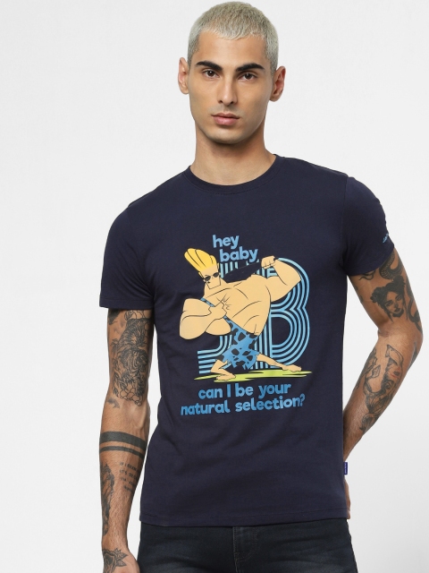 

Jack & Jones Johnny Bravo Men Navy Blue Printed Slim Fit Round Neck T-shirt