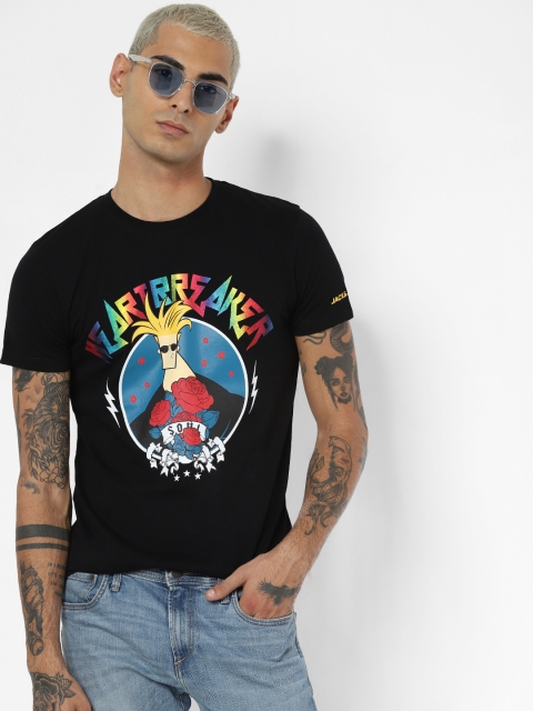 

Jack & Jones Johnny Bravo Men Black Printed Slim Fit Round Neck T-shirt