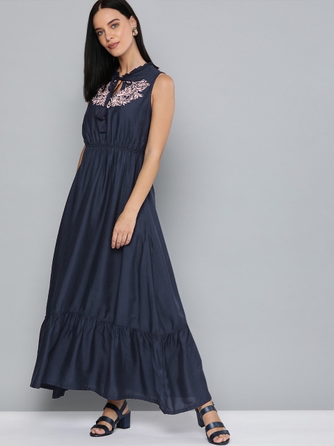 

HERE&NOW Women Navy Blue Solid Tie-Up Neck Maxi Dress With Embroidery
