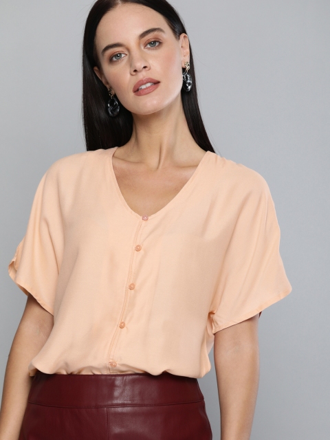 

HERE&NOW Women Peach-Coloured Solid Shirt Style Top