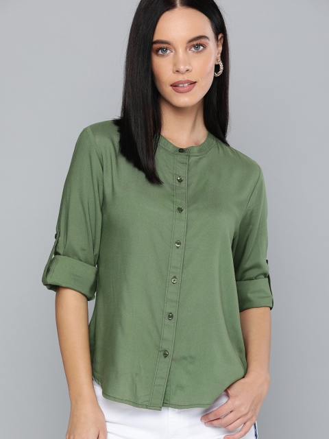 

HERE&NOW Women Olive Green Regular Fit Solid Casual Shirt