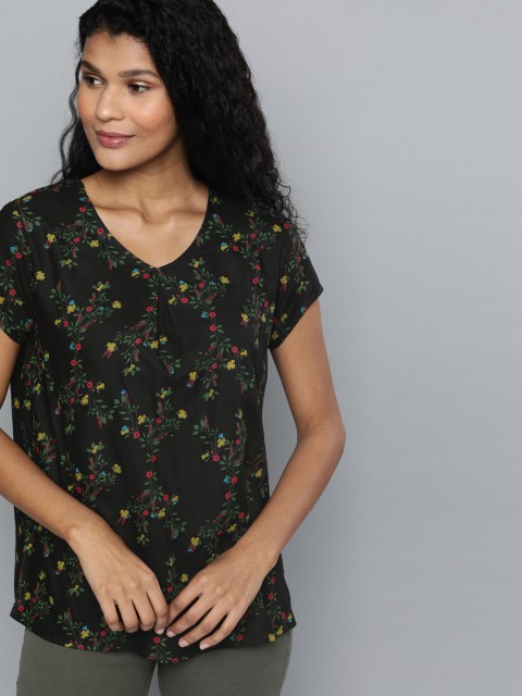 

HERE&NOW Women Black & Green Floral Printed Top