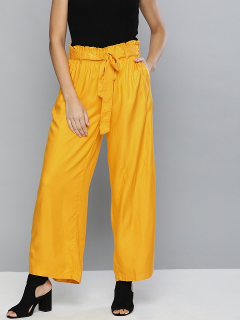 

HERE&NOW Women Mustard Yellow Regular Fit Solid Pleated Parallel Trousers