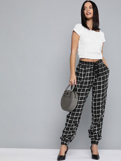 

HERE&NOW Women Black & White Regular Fit Checked Joggers