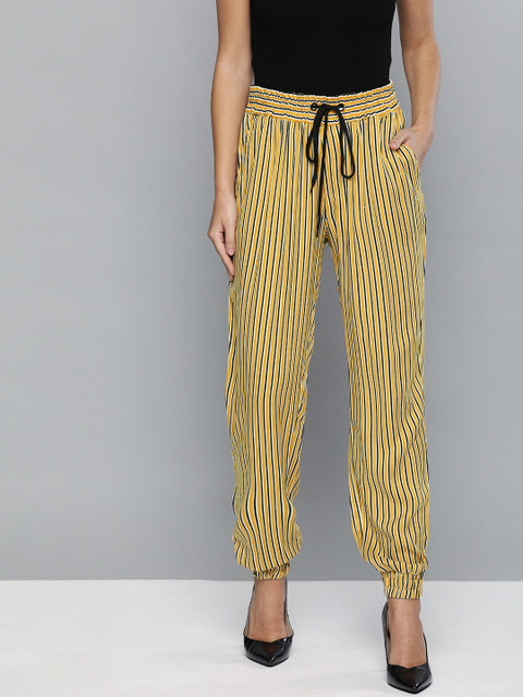 

HERE&NOW Women Mustard Yellow & Black Regular Fit Striped Joggers