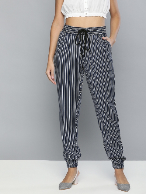 

HERE&NOW Women Navy Blue & White Regular Fit Striped Regular Trousers With Cuffed Hem