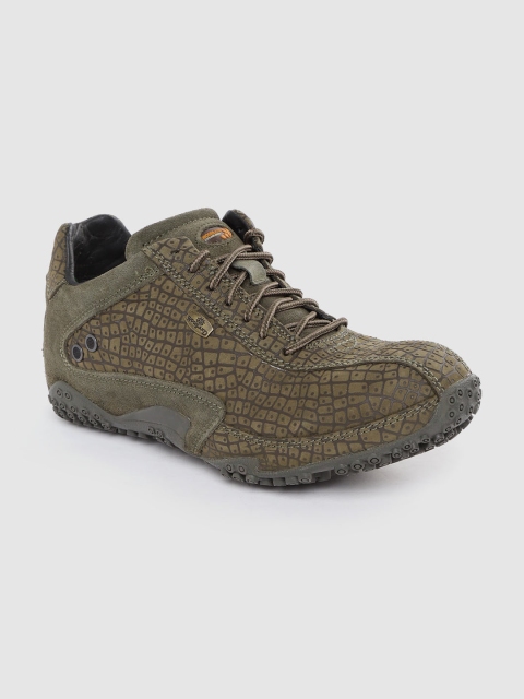 

Woodland Men Olive Green Snakeskin Textured Leather Sneakers