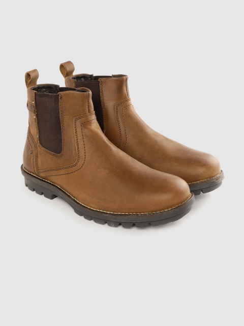 

Woodland Men Brown Solid Leather Mid-Top Flat Boots