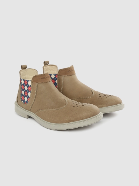 

Woodland Men Khaki Nubuck Mid-Top Flat Chelsea Boots With Laser Cut & Printed Detail