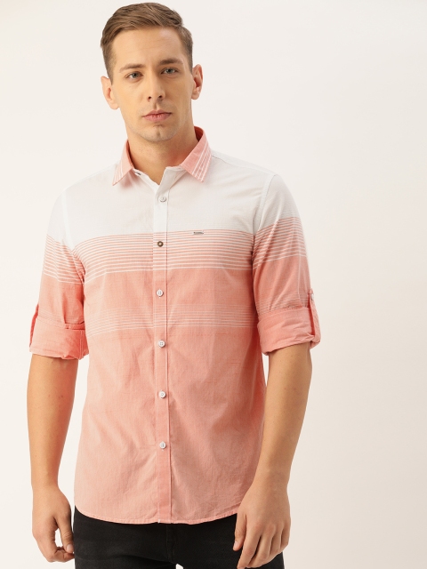 

Lee Cooper Men Peach-Coloured & White Regular Fit Striped Casual Shirt