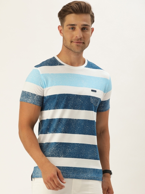 

YWC Men Blue & White Striped Round Neck T-shirt