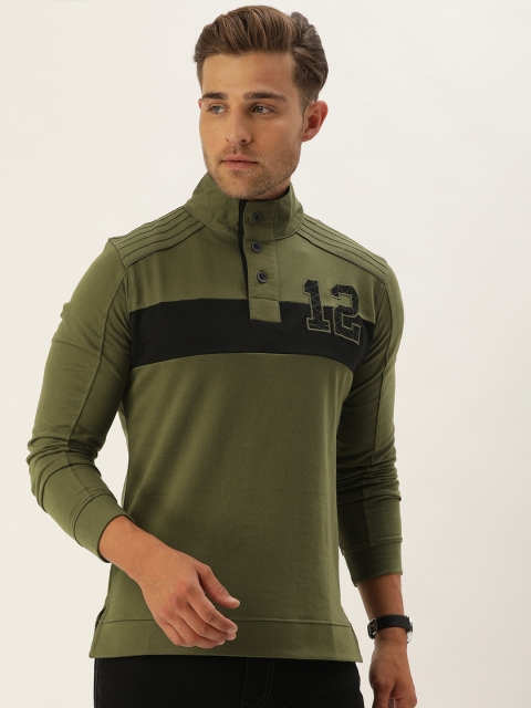

YWC Men Olive Green Striped High Neck Sweatshirt