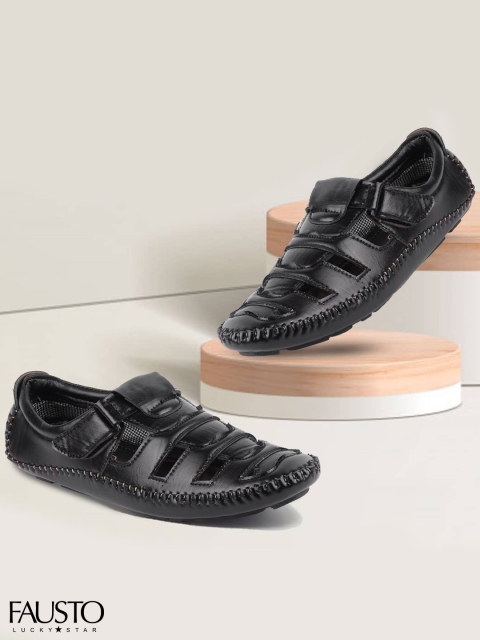 

FAUSTO Men Black Genuine Leather Fisherman Sandals