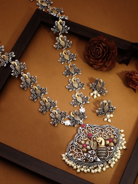 

Rubans Oxidised Silver-Plated & Gold-Toned Beaded Peacock-Shaped Jewellery Set