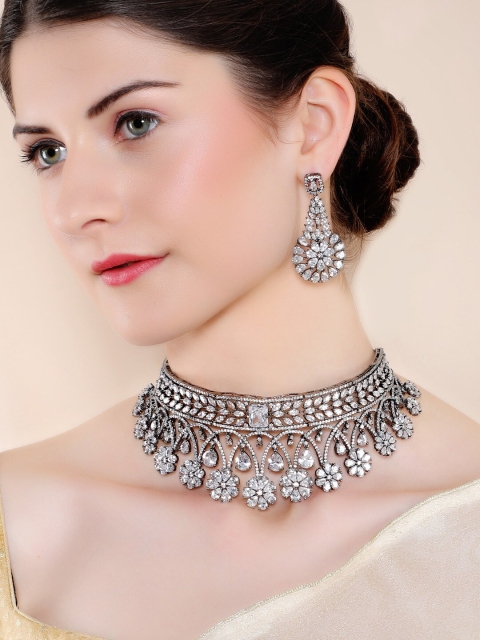 

Rubans Oxidised Silver-Plated & White AD-Studded Statement Jewellery Set