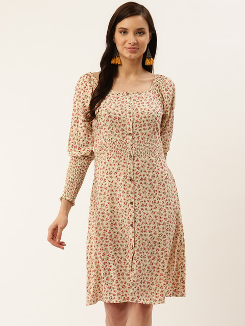 

Taurus Women Beige & Maroon Printed A-Line Dress