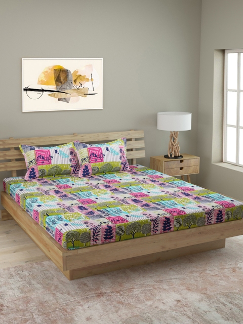 

ROMEE Pink & Green Floral 250 TC Cotton 1 King Bedsheet with 2 Pillow Covers