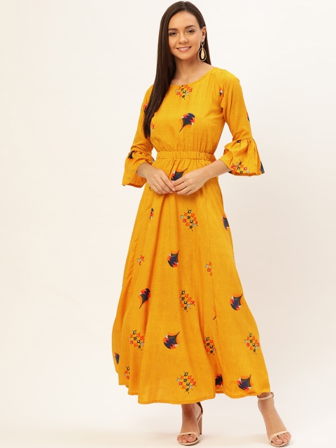 

U&F Women Mustard Yellow & Navy Blue Printed Maxi Dress