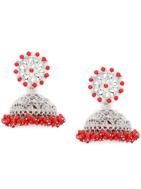 

Spargz Silver-Toned & Red Dome Shaped Jhumkas