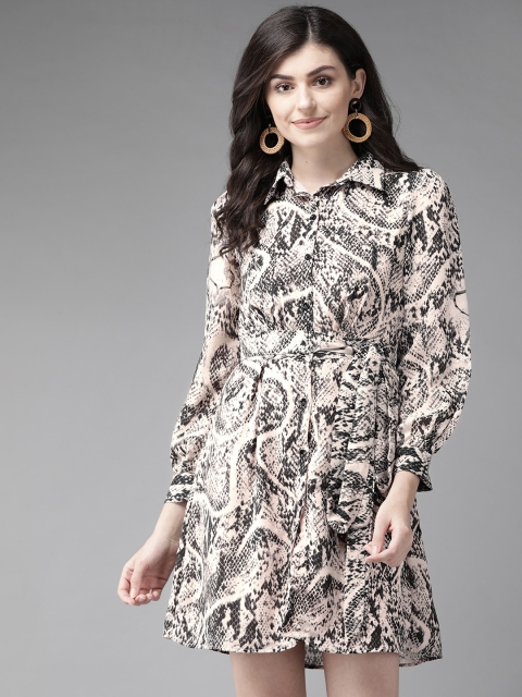 

MISH Women Peach-Coloured & Black Snakeskin Printed Shirt Dress