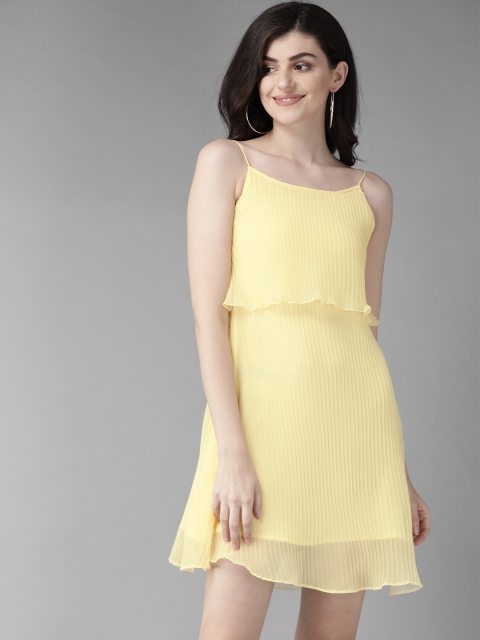 

MISH Women Yellow Solid Accordion Pleated Layered A-Line Dress